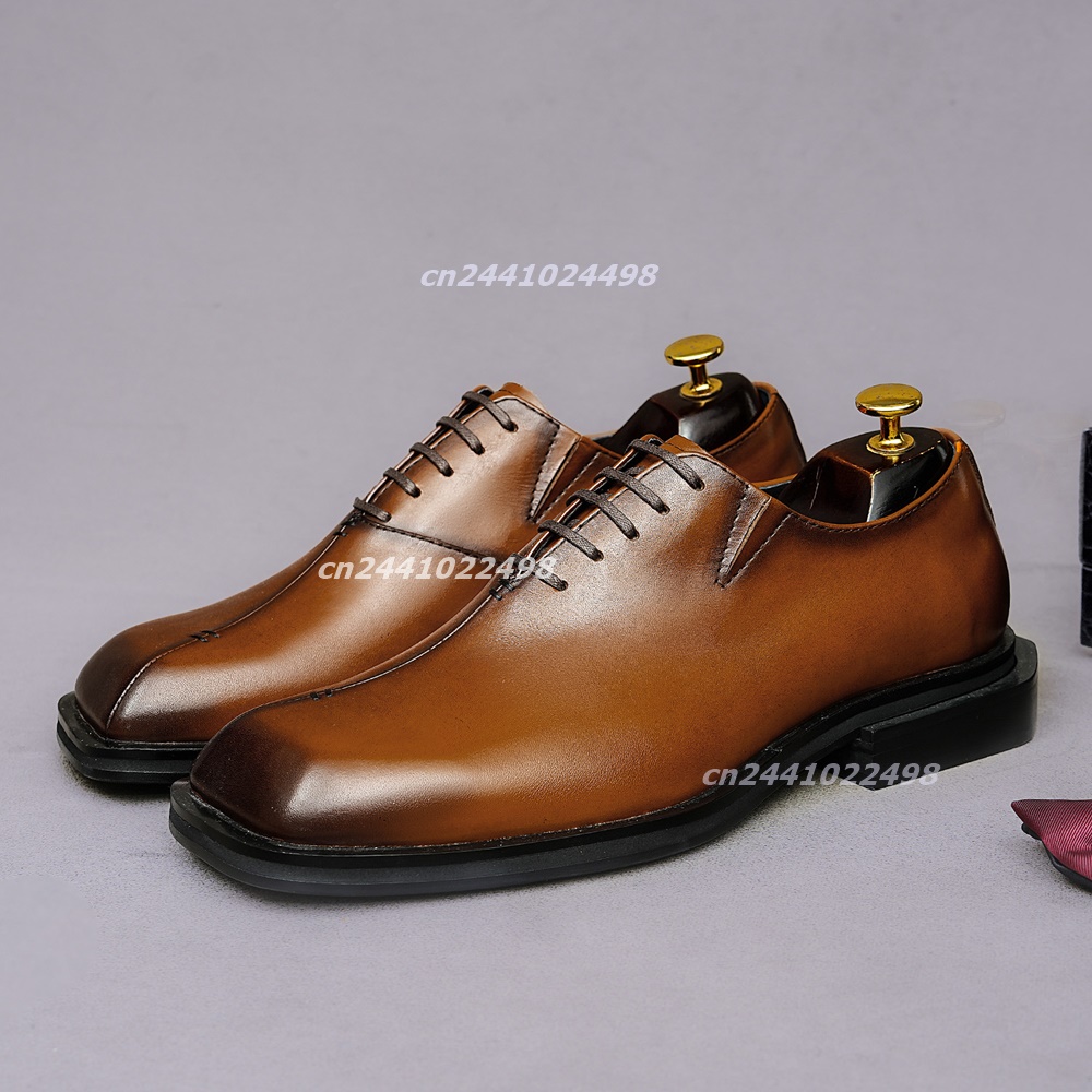 Leather Shoe Polish - 남성용 수제 사각 앞코 브라운 가죽